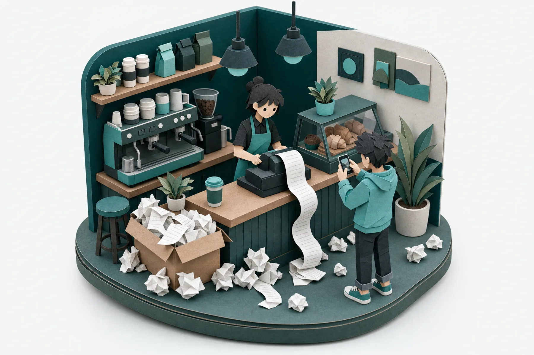 A paper-craft café counter with a register printing a long receipt and a box overflowing with crumpled ones.