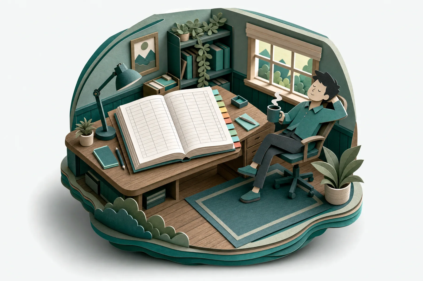A paper-craft sunlit study with a large open ledger book and someone leaning back with a coffee.