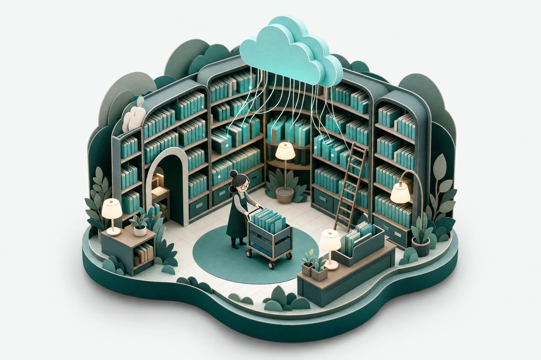 A paper-craft archive library of teal folders with a glowing cloud floating above, threads connecting them.